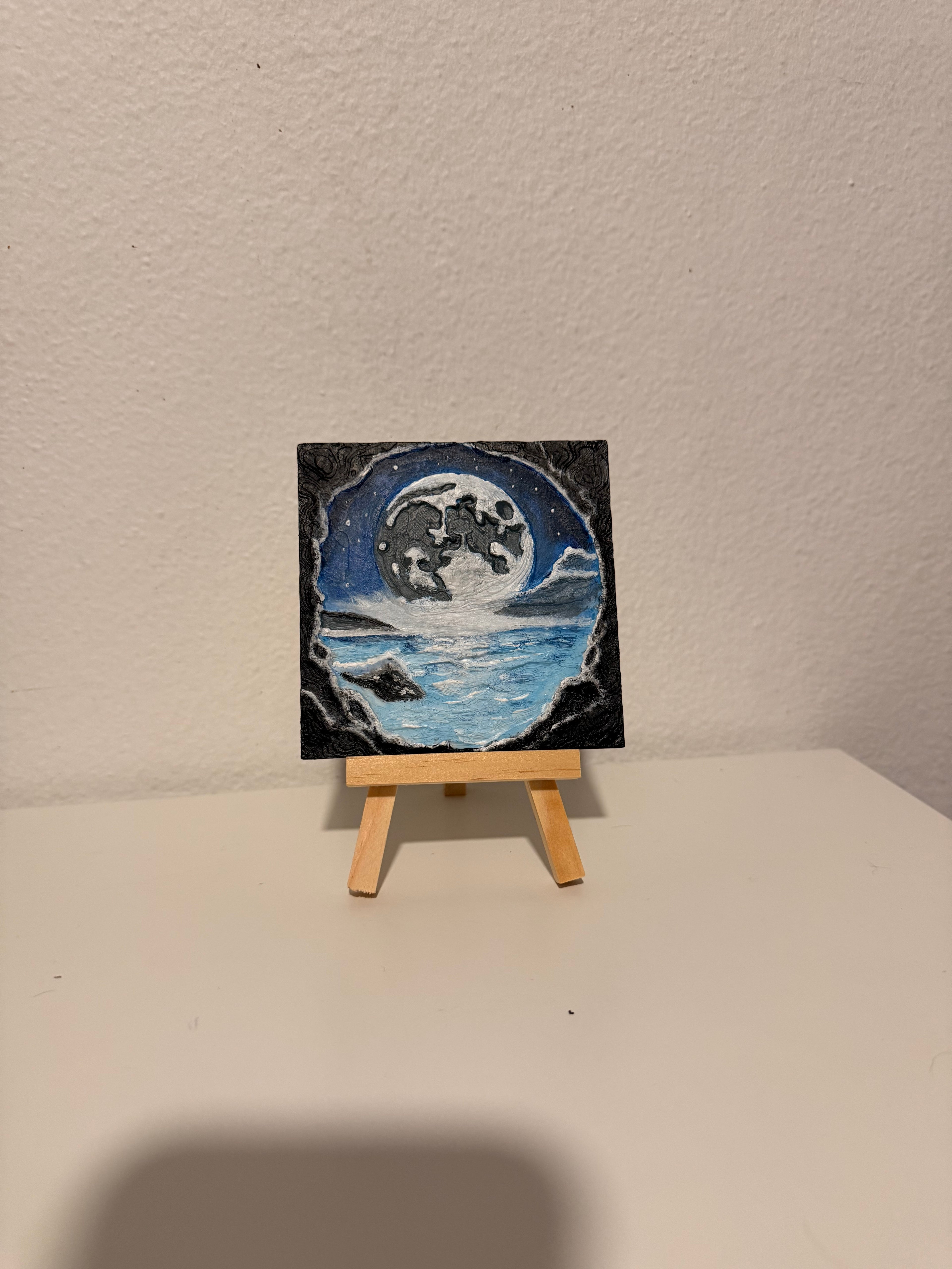 3D Printed Cave View Art - Moon & Ocean Scene - Hand-Painted Acrylic
