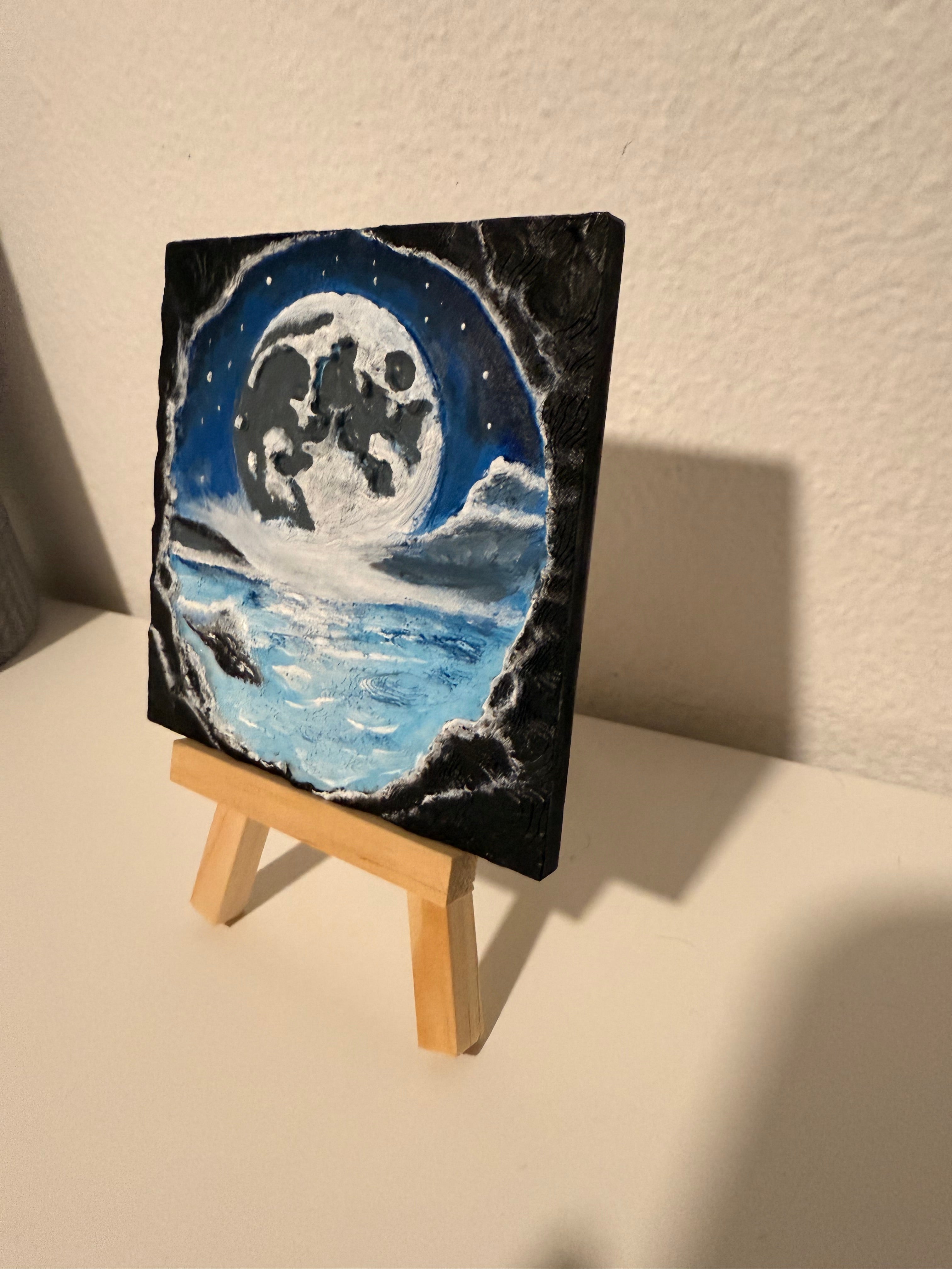 3D Printed Cave View Art - Moon & Ocean Scene - Hand-Painted Acrylic