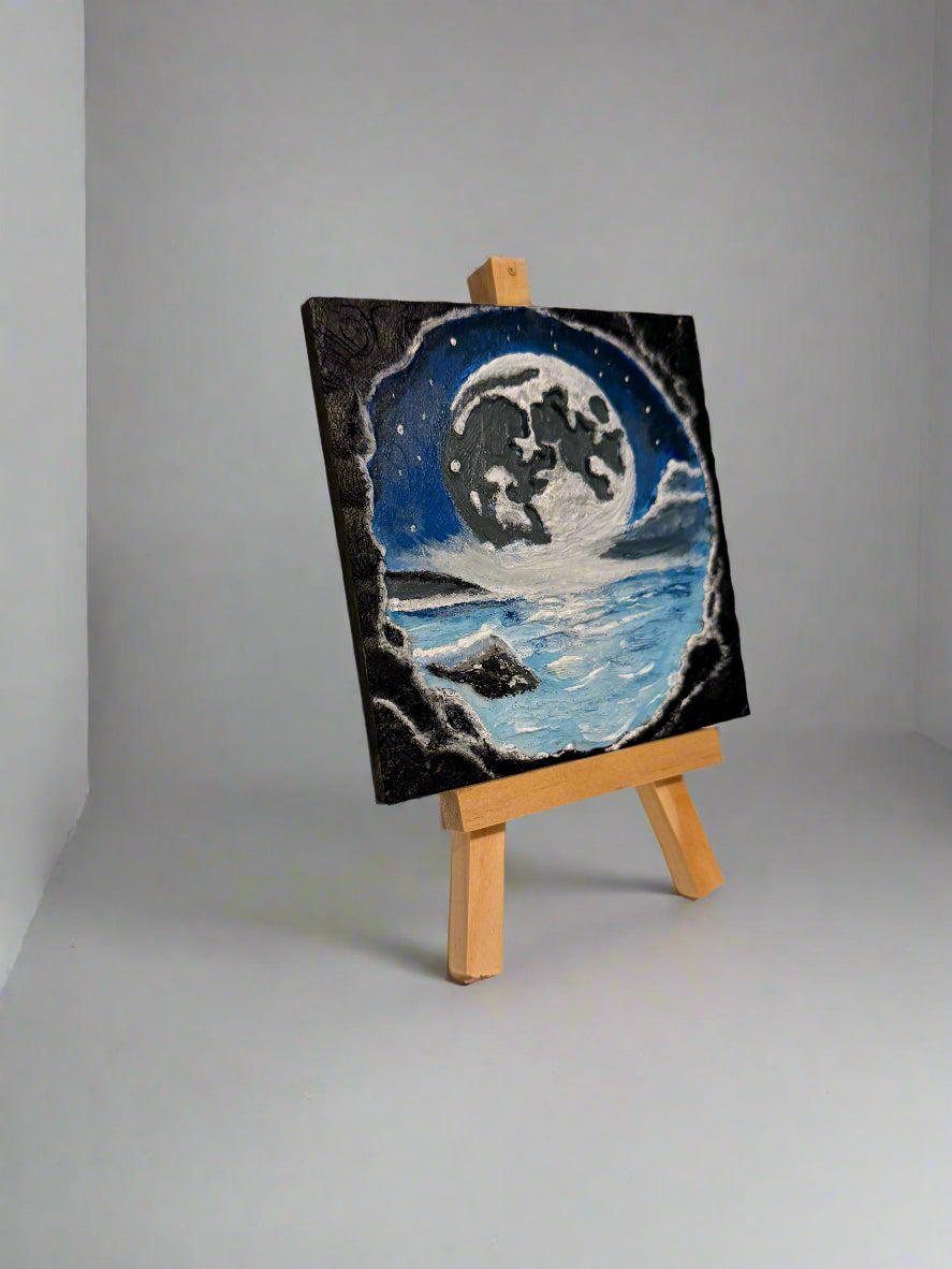 3D Printed Cave View Art - Moon & Ocean Scene - Hand-Painted Acrylic