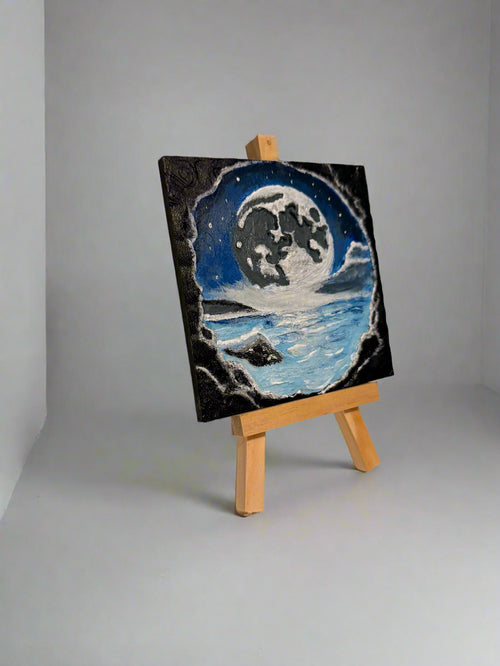3D Printed Cave View Art - Moon & Ocean Scene - Hand-Painted Acrylic