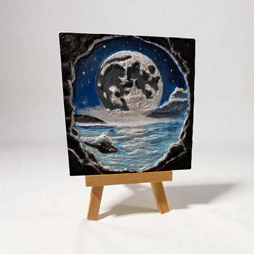 3D Printed Cave View Art - Moon & Ocean Scene - Hand-Painted Acrylic